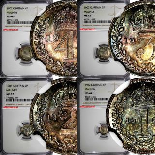 Great Britain Edward Vii Silver 1902 Maundy Set (4 Coin) Ngc Ms67,  Ms66 Toned