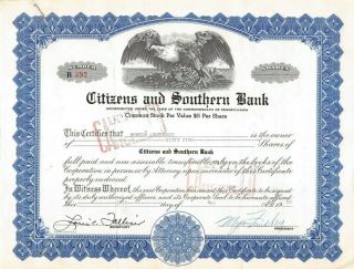 Citizens And Southern Bank Common Stock Certificate 1950 