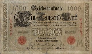 1908 Germany 1000 Marks Banknote,  Berlin,  Feb.  7th 1908,  Pick 36,  Nr 270370c