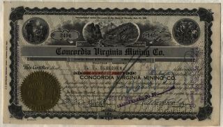 1928 Concordia Virginia Mining Co.  Stock Certificate Nevada