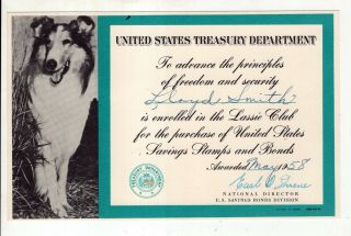 1958 U S Treasury Savings Bond Lassie Club With Picture Of Collie Lassie