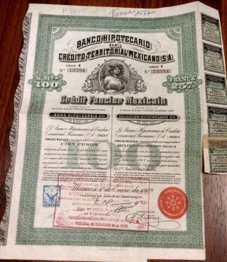 Mexico 1909 Mexican Banco Hipotecario 100 Pesos Queen Victoria Unc Bond Loan