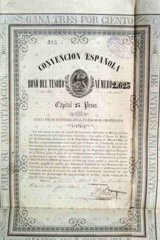 Mexico 1854 Mexican Convencion Española 25 Pesos Coupons Unc Bond Share Loan