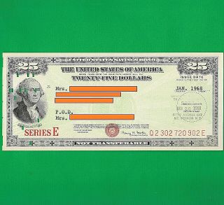 Us Savings Bond Unc Series E $25 Issued Mount Vernon N.  Y.  1968 Washington