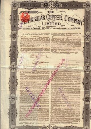 The Peninsular Copper Company Limited Dd 1882 Uk / Gb Mining
