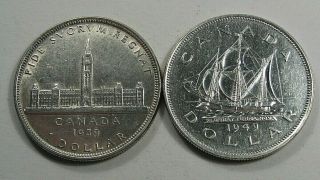 2 Special Reverse Canadian Silver Dollars Canada.  1939 & 1949.  81
