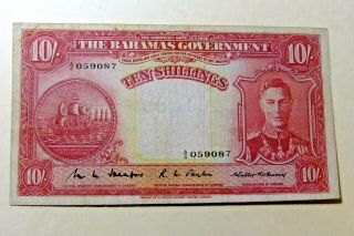 Scarce 1936 The Bahamas Government Ten Shillings Note - Vf
