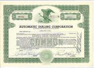Automatic Dialing Corporation.  1950 Common Stock Certificate