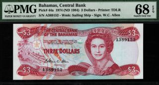 Tt Pk 44 1974 Bahamas 3 Dollars Queen Elizabeth Ii Pmg 68 Epq Gem Unc