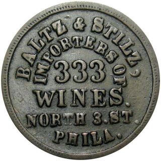 1863 Philadelphia Pennsylvania Civil War Token Baltz & Stilz Wines Crossed Flags