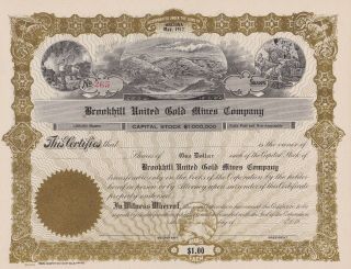 Brookhill United Gold Mines Company Stock Certificate Arizona