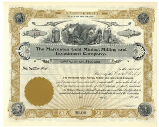 Marmaton Gold Mining,  Milling And Investment Company.  Stock Certificate Colorado