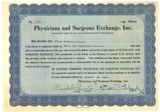 Physicians And Surgeons Exchange,  Inc.  Stock Certificate.  Massachusetts