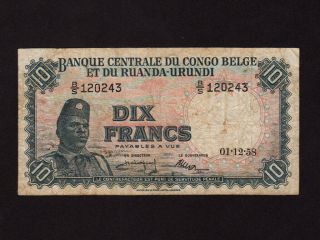 Belgian Congo:p - 30,  10 Francs,  1958 Soldier F Nr