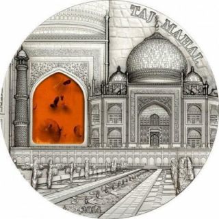 Palau 2014 $10 Taj Mahal Mineral Art Series 2 Oz Silver Coin With Real Amber " 6 "