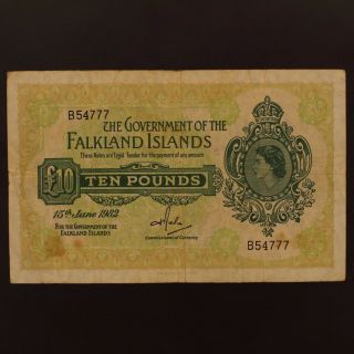 Falkland Islands 10 Pounds 15.  6.  1982 P 11c Banknote F,