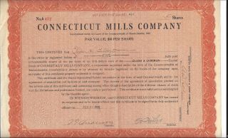 Connecticut Mills Company.  1929 Stock Certificate