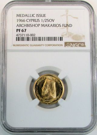 1966 Gold Cyprus 1/2 Sovereign Archbishop Makarios Coin Ngc Proof 67