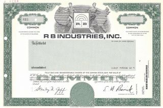 R.  B.  Industries.  " Specimen " Common Stock Certificate