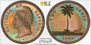 Liberia 1868 Two Cents Pattern Rainbow Toned Pcgs Sp65 World Coin ✮no Reserve✮