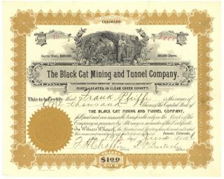 Black Cat Mining And Tunnel Company.  Stock Certificate.  Clear Creek Colorado