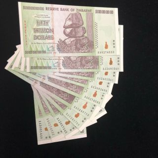 (10) 2008 Zimbabwe 50 Trillion Dollar Notes Aa Gem Uncirculated Authentic