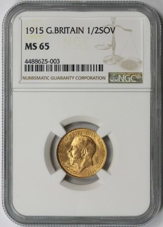 1915 Great Britain Gold Half 1/2 Sovereign 1/2sov Ms 65 Ngc