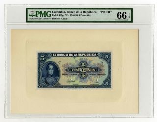 Colombia.  Banco De La Republica 1949,  5 Pesos Oro Face Proof P - 386p Pmg Gem Unc