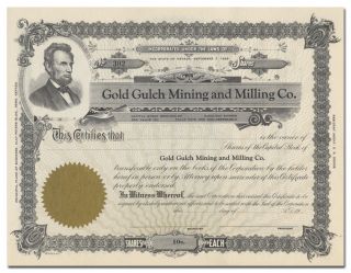 Gold Gulch Mining And Milling Co.  Stock Certificate