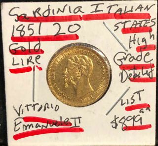 SARDINIA [ITALIAN STATES] 1851 20 LIRE GOLD COIN - KING EMANUELE - - A GEM & CLASSIC 10