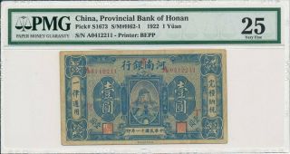 Provincial Bank Of Honan China 1 Yuan 1922 Prefix A S/no Xx12211 Pmg 25