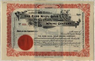 Rose Nicol Gold Mining Company Stock Certificate Colorado Springs