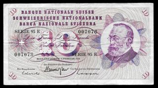 World Paper Money - Switzerland 10 Francs 1974 P45t @ Vf