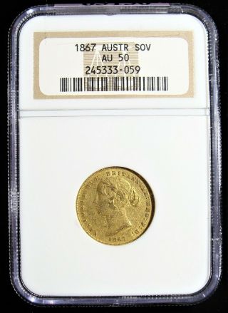Australia: Victoria gold Sovereign 1867 - SYDNEY AU50 NGC. 3