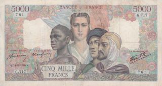 5000 Francs Vg Banknote From France 1945 Pick - 103