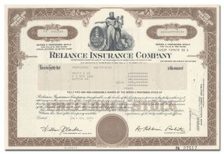 Reliance Insurance Company Stock Certificate