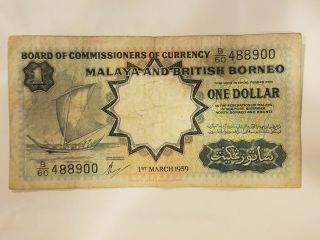 1959 Malaya And British Borneo $1 One Dollar Colonial Malaysia Note Km / P 8a