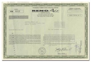 Reno Air,  Inc.  Stock Certificate