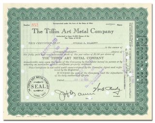 Tiffin Art Metal Company Stock Certificate (billboards)