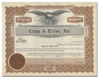 Clapp & Tilton,  Inc.  Stock Certificate (boston Massachusetts Hat Maker)