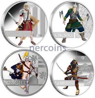 Tuvalu 2010 Great Warriors $1 X 4 Pure Silver Proof Coin Set Colored Perfect