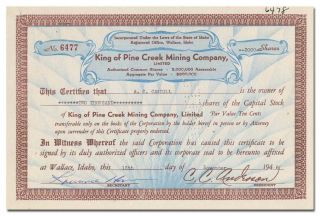 King Of Pine Creek Mining Company,  Limited Stock Certificate