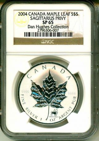 2004 $5 Canada Silver Maple Leaf Zodiac Series Sagittarius Privy Mark Ngc Sp65