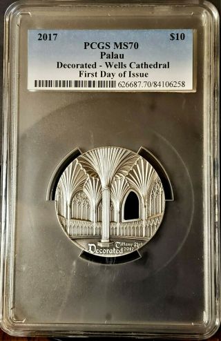 2017 Palau Tiffany Art 2oz Silver $10 Wells Cathedral First Day Of Issue Pop 60