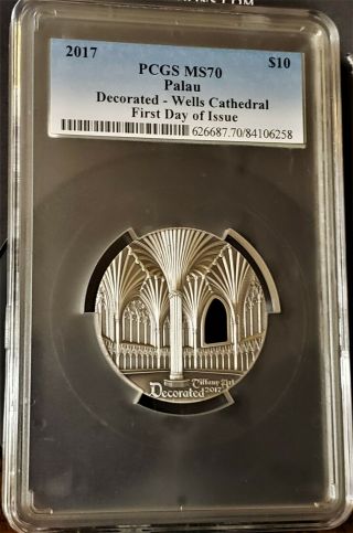 2017 PALAU TIFFANY ART 2oz SILVER $10 WELLS CATHEDRAL FIRST DAY OF ISSUE POP 60 3