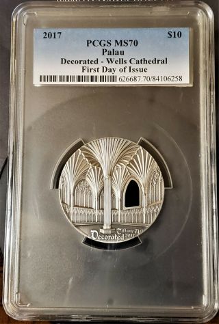 2017 PALAU TIFFANY ART 2oz SILVER $10 WELLS CATHEDRAL FIRST DAY OF ISSUE POP 60 7