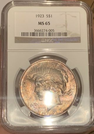 Monster Rainbow Toned Gem 1923 Peace Dollar NGC MS65 One Of A Kind 9