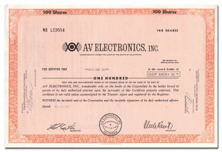 A - V Electronics,  Inc.  Stock Certificate (fresno,  California,  Borehole Camera)