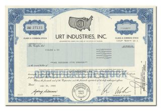 Urt Industries,  Inc.  Stock Certificate (peaches Record Stores)