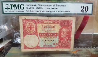Sarawak 10 Cents 1940 P 25c Pmg Vf20 Uniface Circulated Banknote